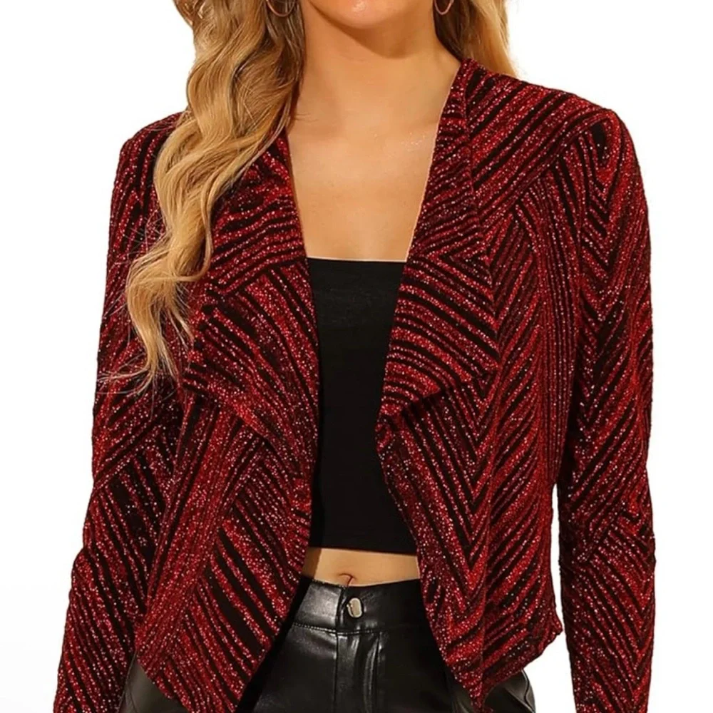 Allegra K Red & Black Sparkly Stripe Holiday Open Waterfall Cardigan NWOT - Picture 4 of 15